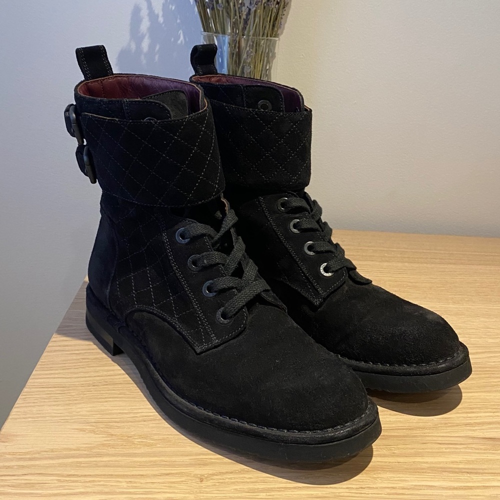 AUTH Chanel Black Quilted Moto Combat Boots